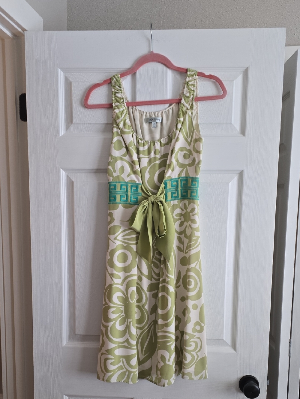 Beth Bowley Cream and Light Green Floral Dress with Tie Waist